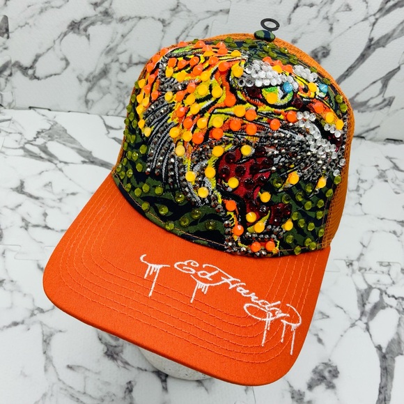 Ed Hardy Tiger OrangeMulticolor Rhinestone Trucker Hat NWT
